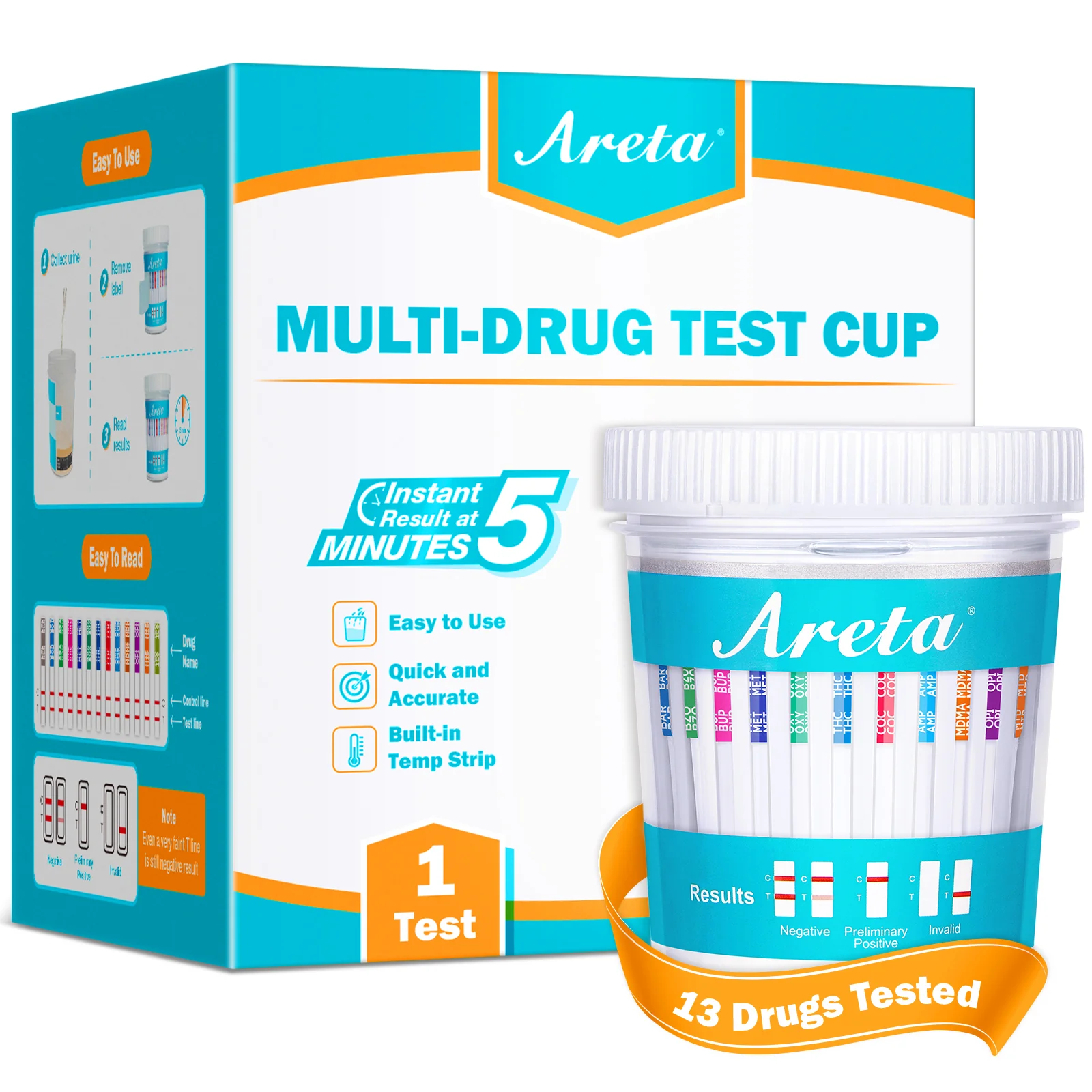 Areta 13 Panel Urine Test Cup: Easy Detect 13 Drug Metabolites, Home Testing Kit for THC,AMP,BZO,COC,BAR,OPI,BUP,MDMA,MET,MTD,OXY,PCP,TCA, Accurate Instant Results - 1 Pack ACDOA2-1134