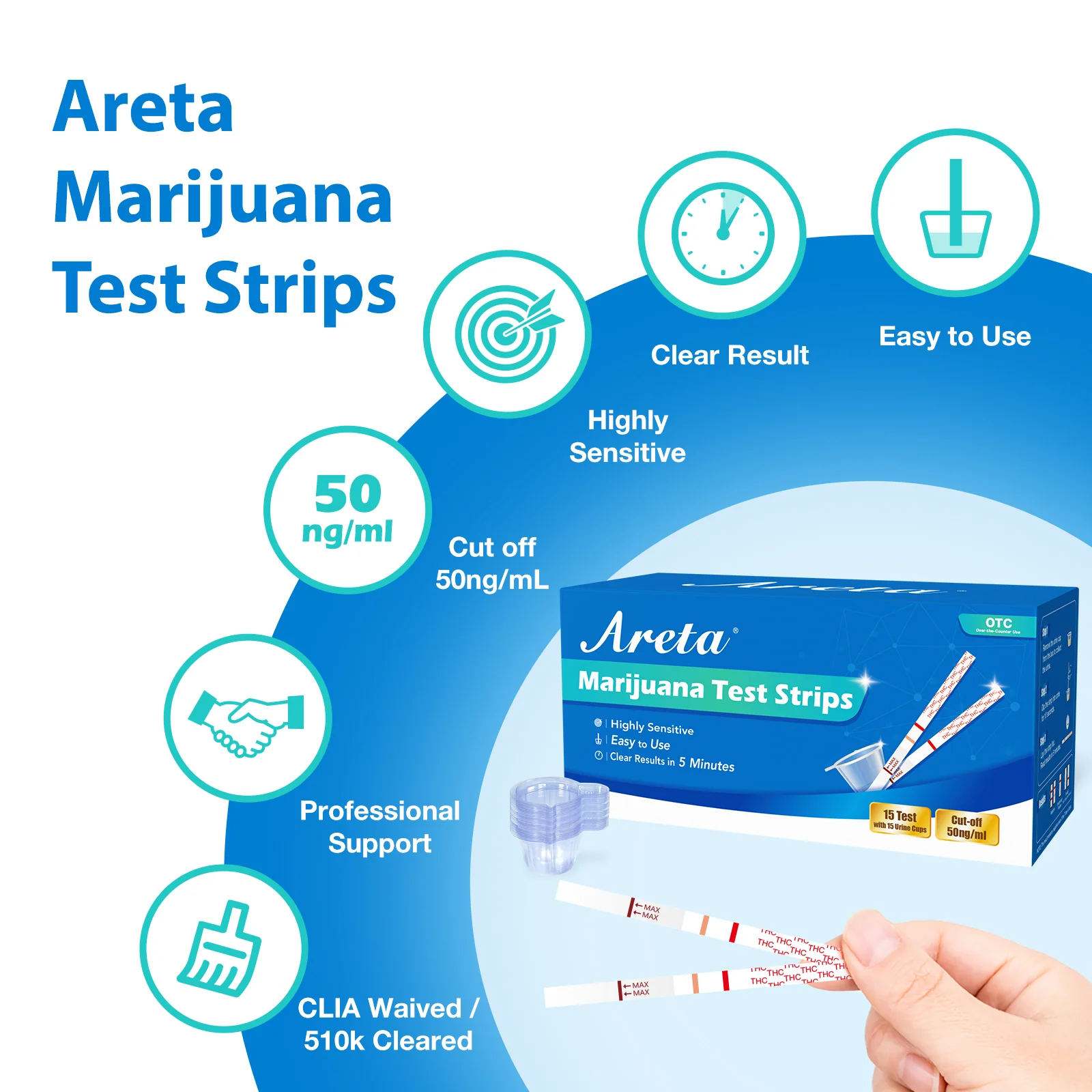 Areta Marijuana Test Strips: THC Drug Urine At Home Testing Kits for Over the Counter Use Result in 5 Minutes - Accurate drug Screen Test 50ng/mL Cutoff Level - # ASTH-114C 15 Tests - Image 5