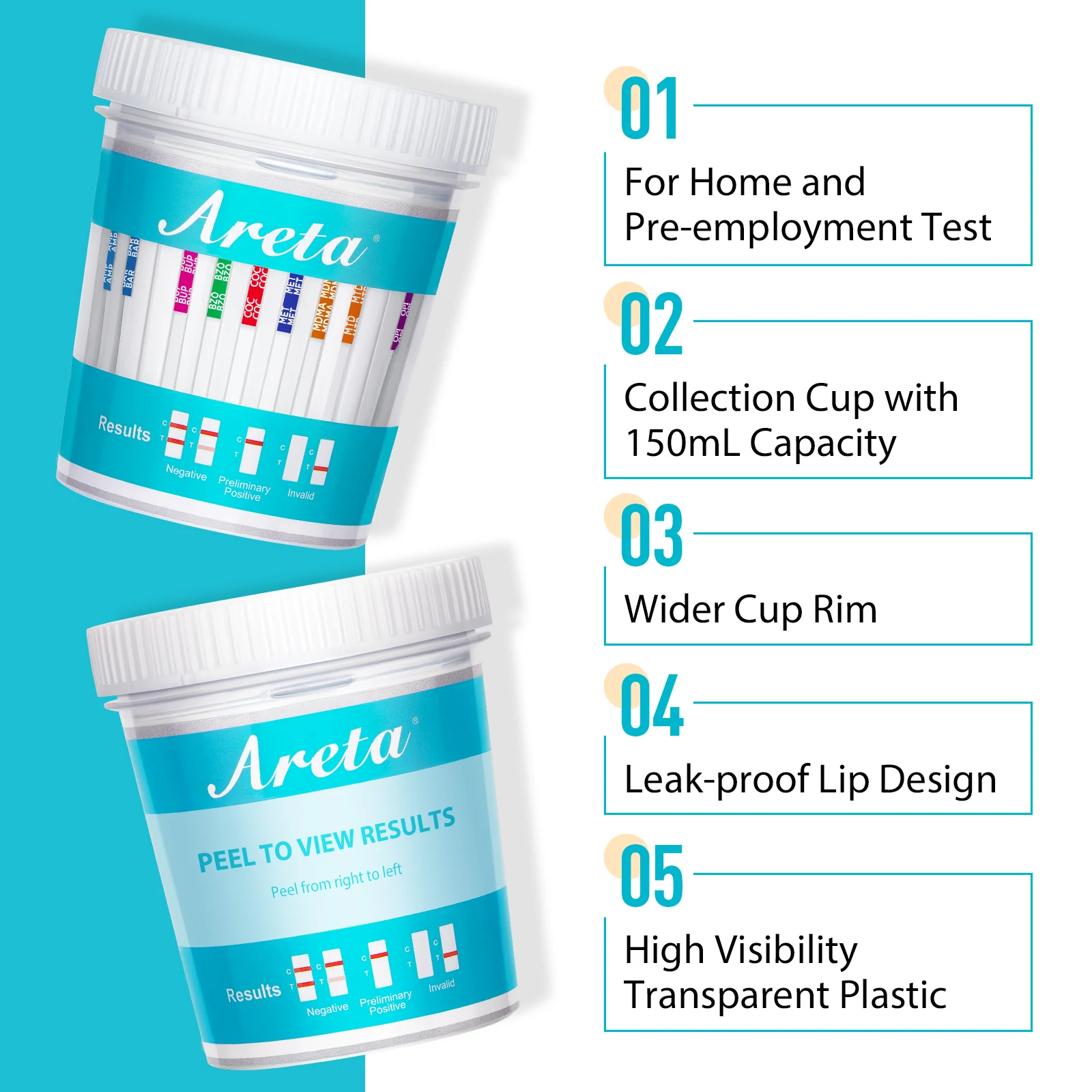 Areta Multi-Drug Test Cup: at Home Urine Drug Tests Kits, Testing for AMP/BZO/COC/THC/MET/MOR/BAR/MDMA/PCP/MTD, Built-in Drug Test Strips Including Sensitive Marijuana Drug Test, #ACDOA2-3104 1Pack - Image 7