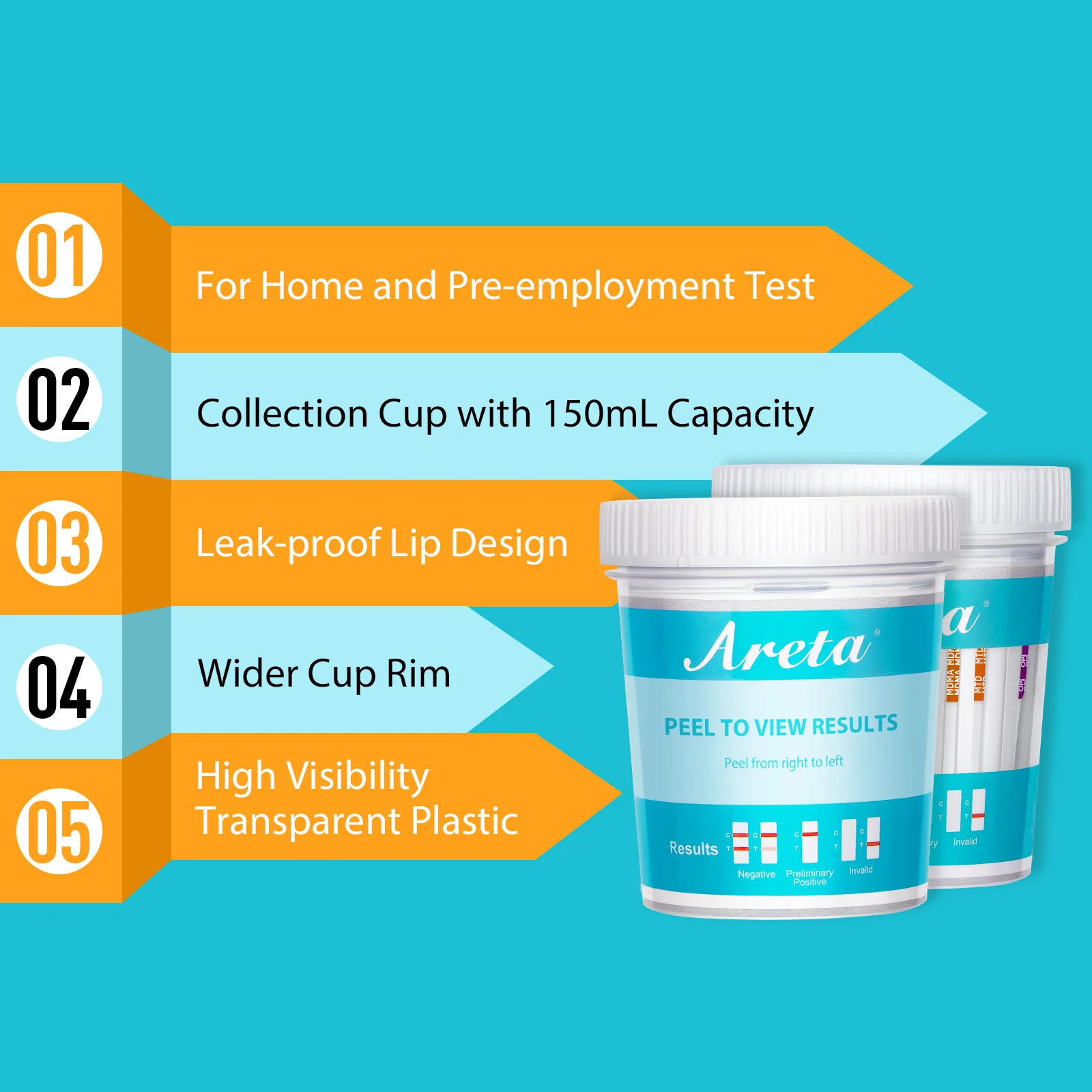 Areta Multi-Drug Test Cup: at Home Urine Drug Tests Kits, Testing for AMP/BZO/COC/THC/MET/MOR/BAR/MDMA/PCP/MTD, Built-in Drug Test Strips Including Sensitive Marijuana Drug Test, #ACDOA2-3104 1Pack - Image 8