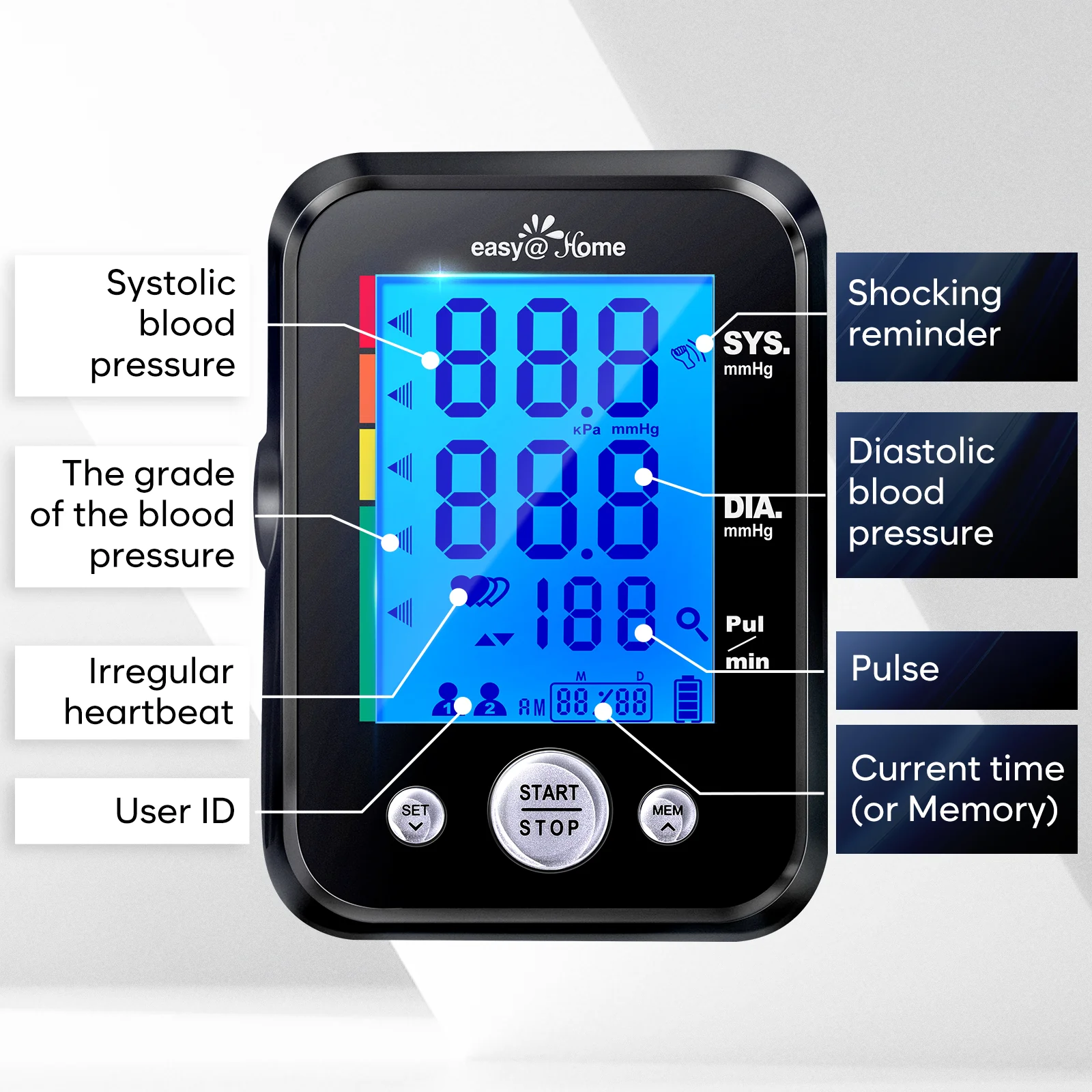 Blood Pressure Machine for Home Use: Easy@Home Accurate Cuff Automatic Blood Pressure Monitor - 3 Color Backlit Display 8.7”-16.5” Large Cuff Irregular Heartbeat Indicator Pulse Meter EBP-095 Black - Image 6