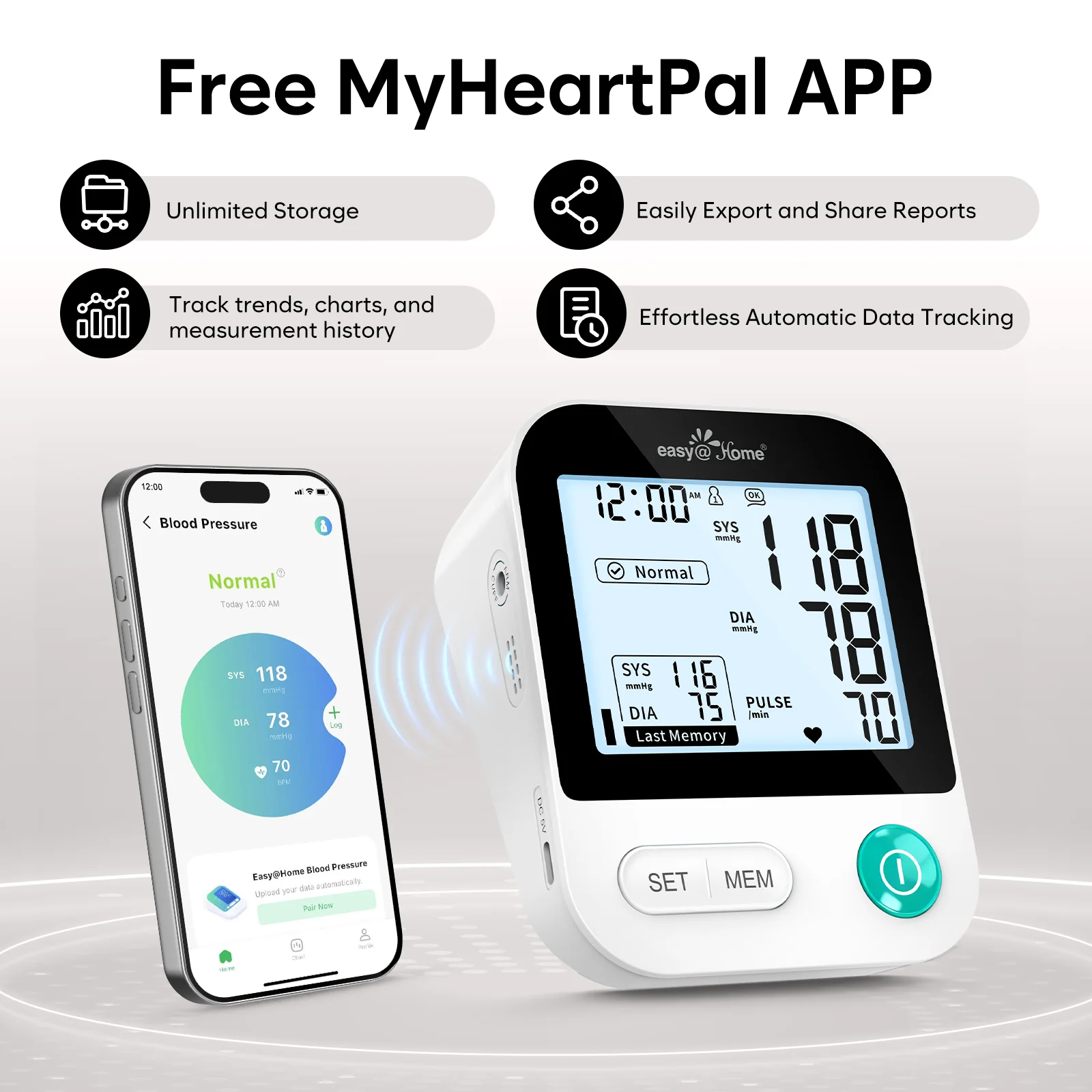 Blood Pressure Monitor for Home Use: Easy@Home Bluetooth BP Machine with Free MyHeartPal App, Digital Blood Pressure Machine with Large Backlit LCD Display, Fits 8.7–16.5 in Arms, EBP-20T - Image 7