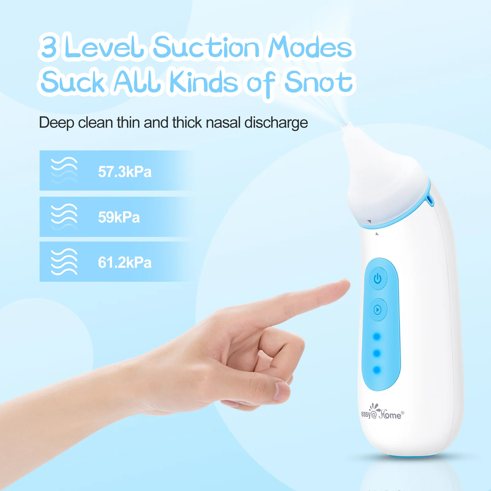 Easy@Home Baby Electric Nasal Aspirator: USB Rechargeable Baby Nose Sucker with Night Light | Adjustable Suction Level | 2 Silicone Suction Nozzles for Baby Nose Cleaner ENA102 - Image 3