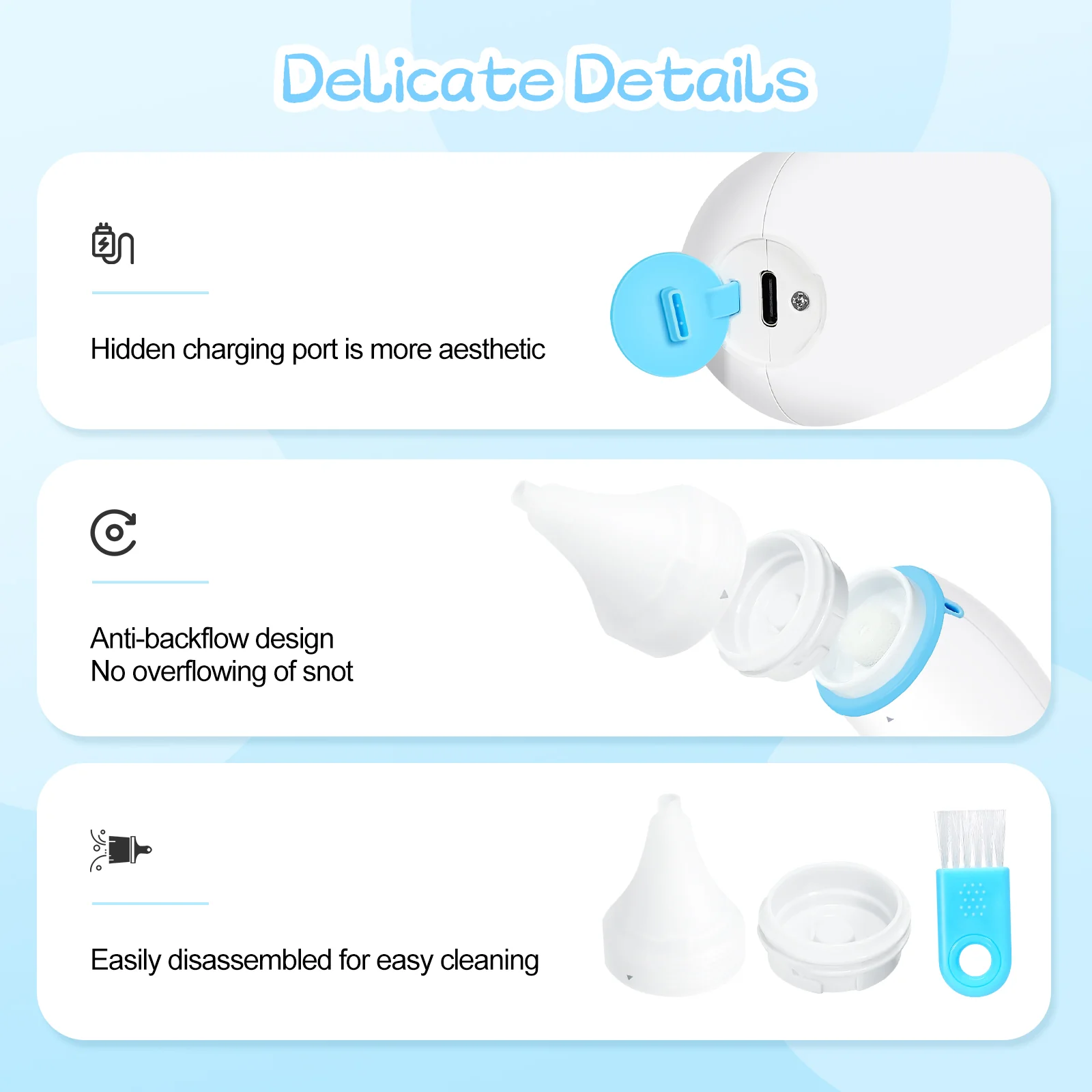 Easy@Home Baby Electric Nasal Aspirator: USB Rechargeable Baby Nose Sucker with Night Light | Adjustable Suction Level | 2 Silicone Suction Nozzles for Baby Nose Cleaner ENA102 - Image 6