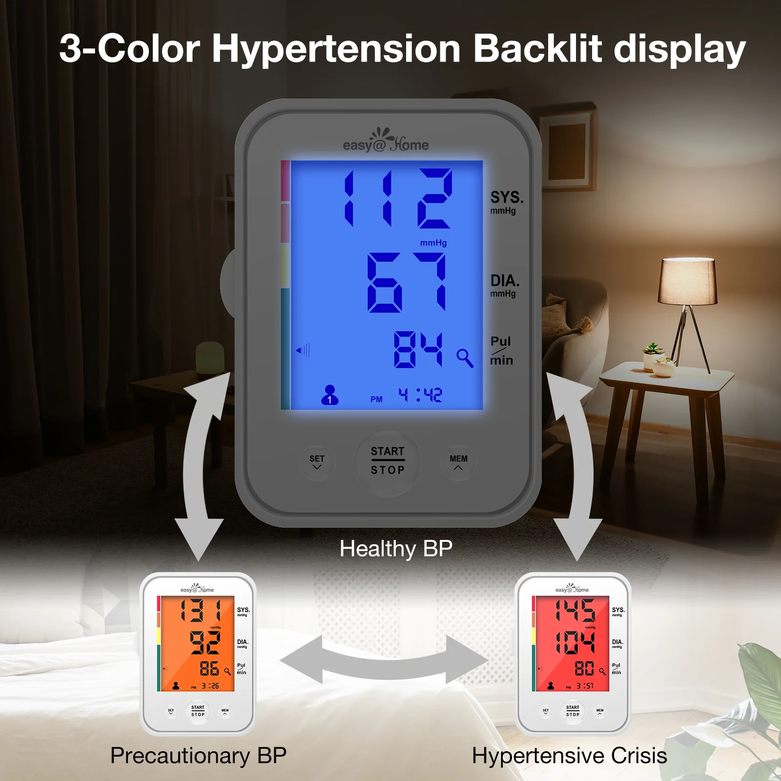 Large Cuff Easy@Home Digital Upper Arm Blood Pressure Monitor, 3-Color Hypertension Backlit Display & Pulse Meter-FDA Cleared for OTC, IHB Indicator, 2 User, FSA Eligible EBP-095L - Image 3
