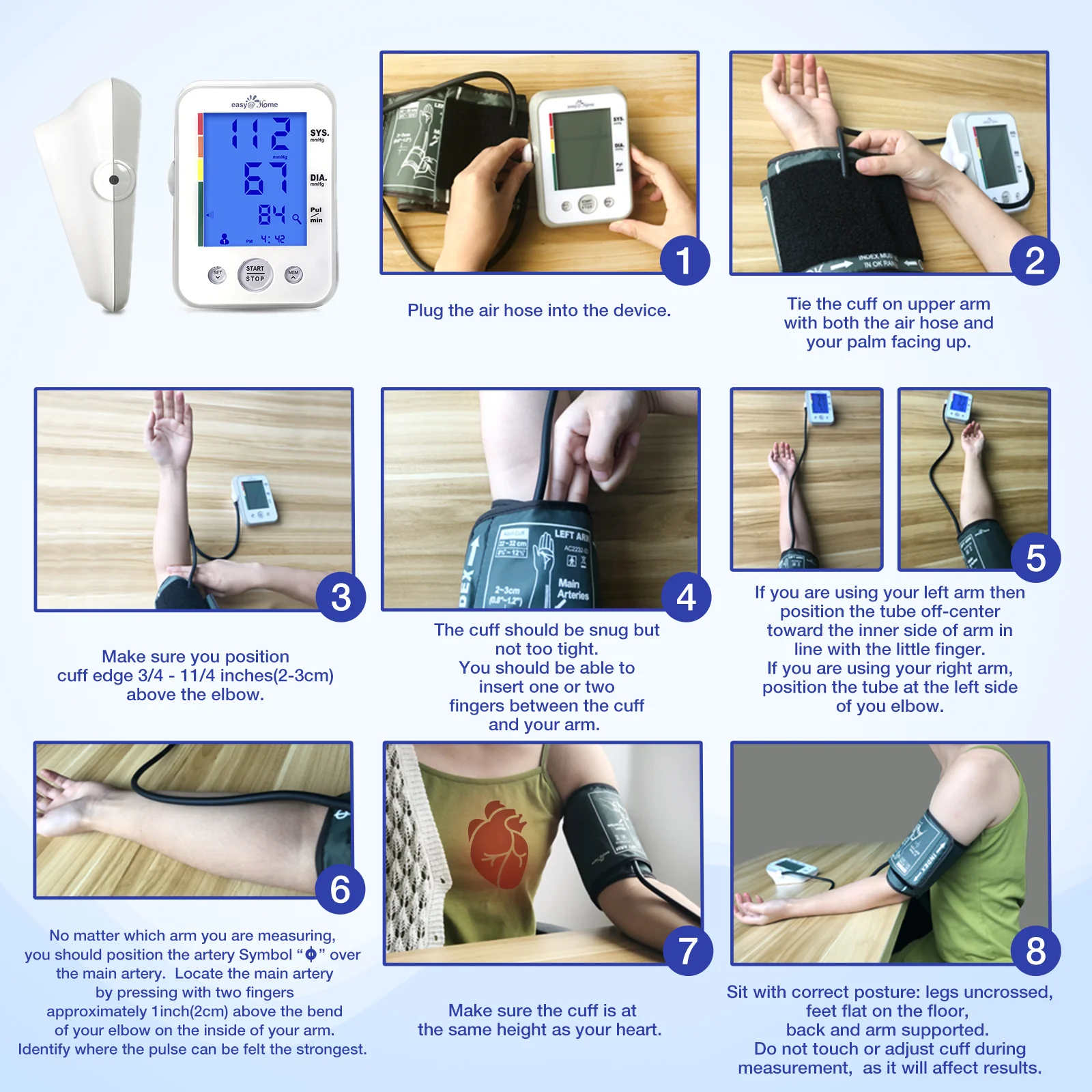 Large Cuff Easy@Home Digital Upper Arm Blood Pressure Monitor, 3-Color Hypertension Backlit Display & Pulse Meter-FDA Cleared for OTC, IHB Indicator, 2 User, FSA Eligible EBP-095L - Image 6