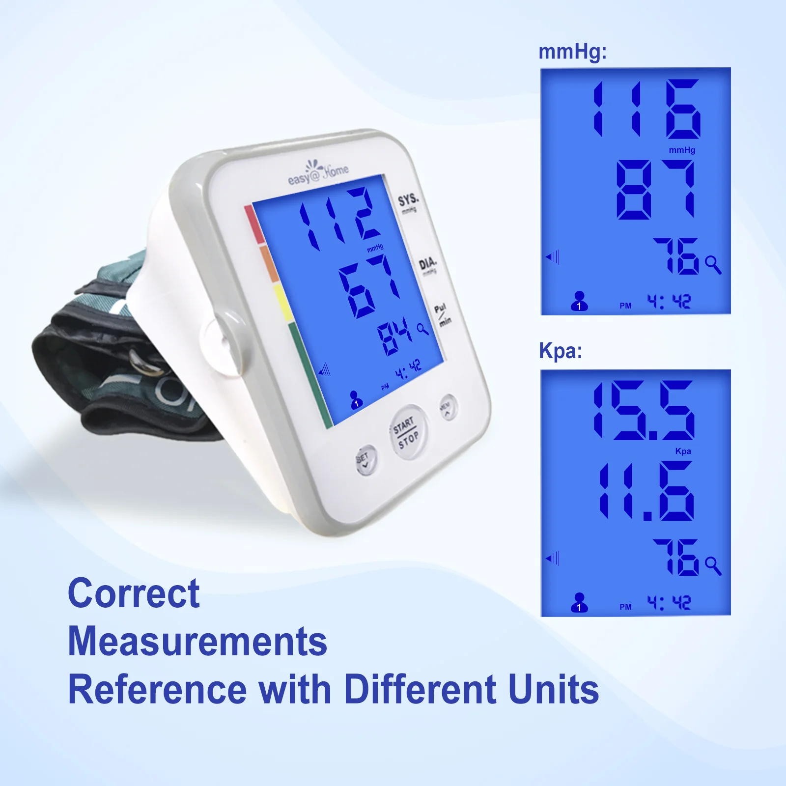 Large Cuff Easy@Home Digital Upper Arm Blood Pressure Monitor, 3-Color Hypertension Backlit Display & Pulse Meter-FDA Cleared for OTC, IHB Indicator, 2 User, FSA Eligible EBP-095L - Image 7
