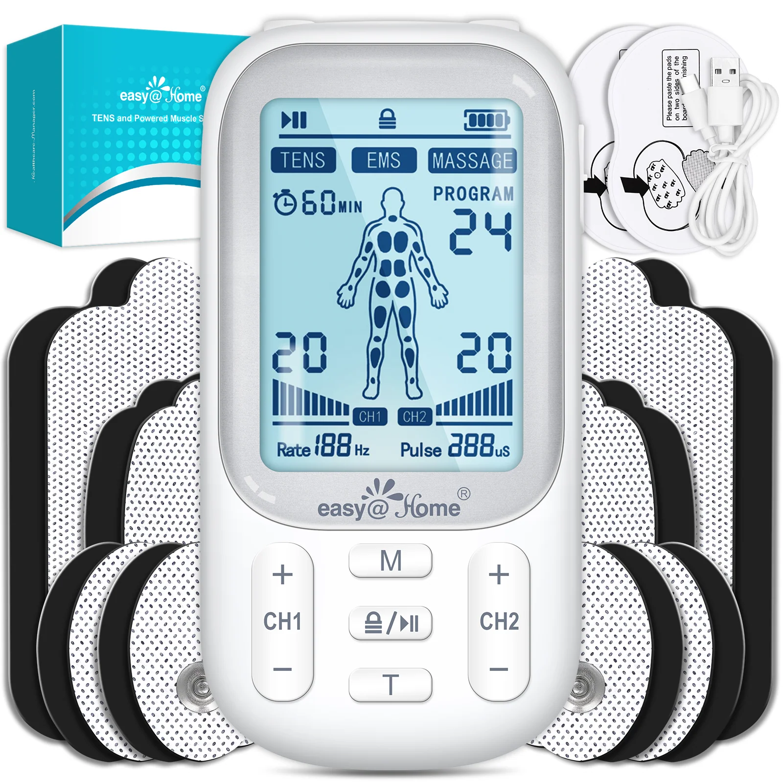 Easy@Home Electronic TENS Unit: Pain Relief Therapy - EMS Pulse Massager Rechargeable Machine - Dual Channel 24 Modes 20 Intensities 16 Pads TENS and Powered Muscle Stimulator EHE020