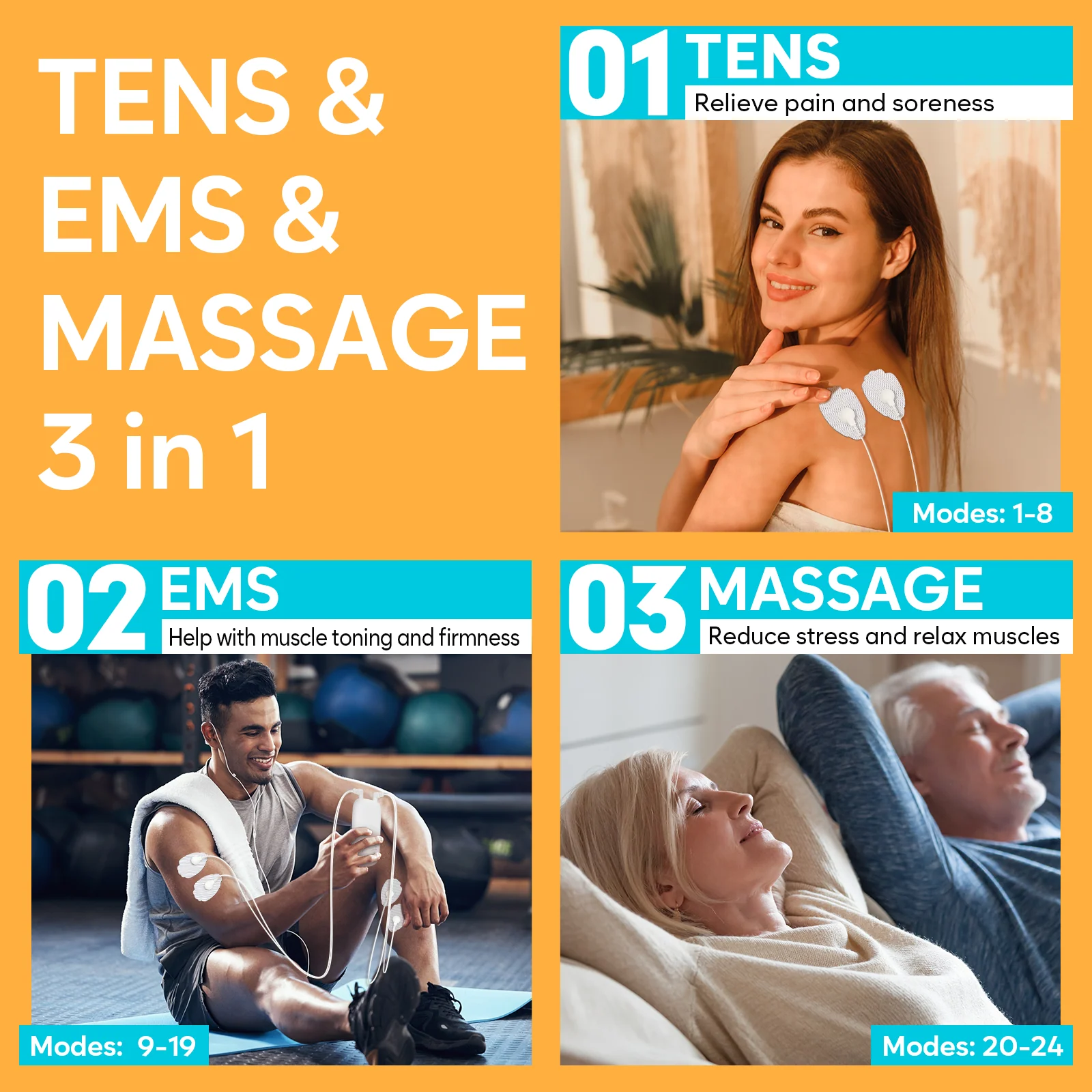 Easy@Home Electronic TENS Unit: Pain Relief Therapy - EMS Pulse Massager Rechargeable Machine - Dual Channel 24 Modes 20 Intensities 16 Pads TENS and Powered Muscle Stimulator EHE020 - Image 2