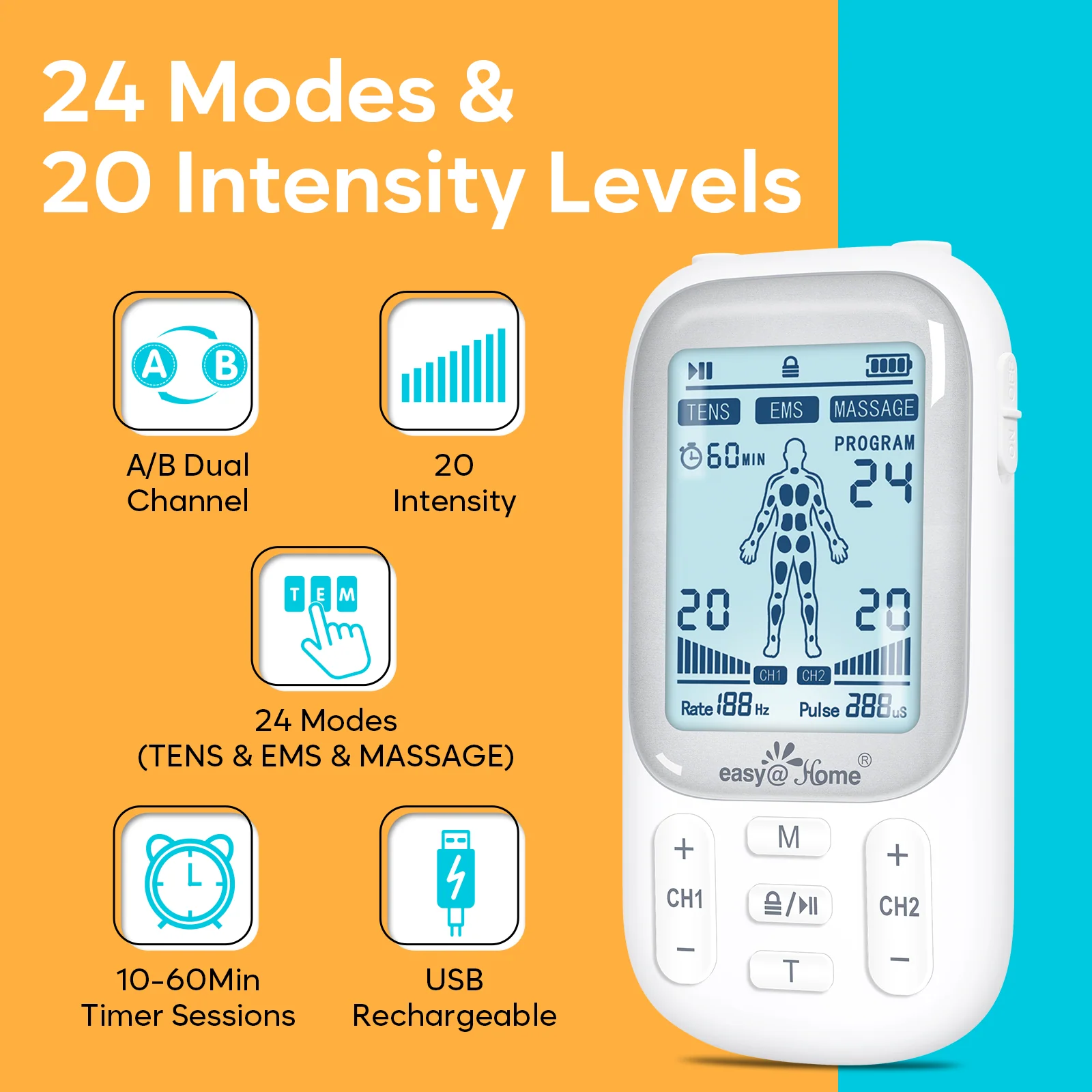 Easy@Home Electronic TENS Unit: Pain Relief Therapy - EMS Pulse Massager Rechargeable Machine - Dual Channel 24 Modes 20 Intensities 16 Pads TENS and Powered Muscle Stimulator EHE020 - Image 4