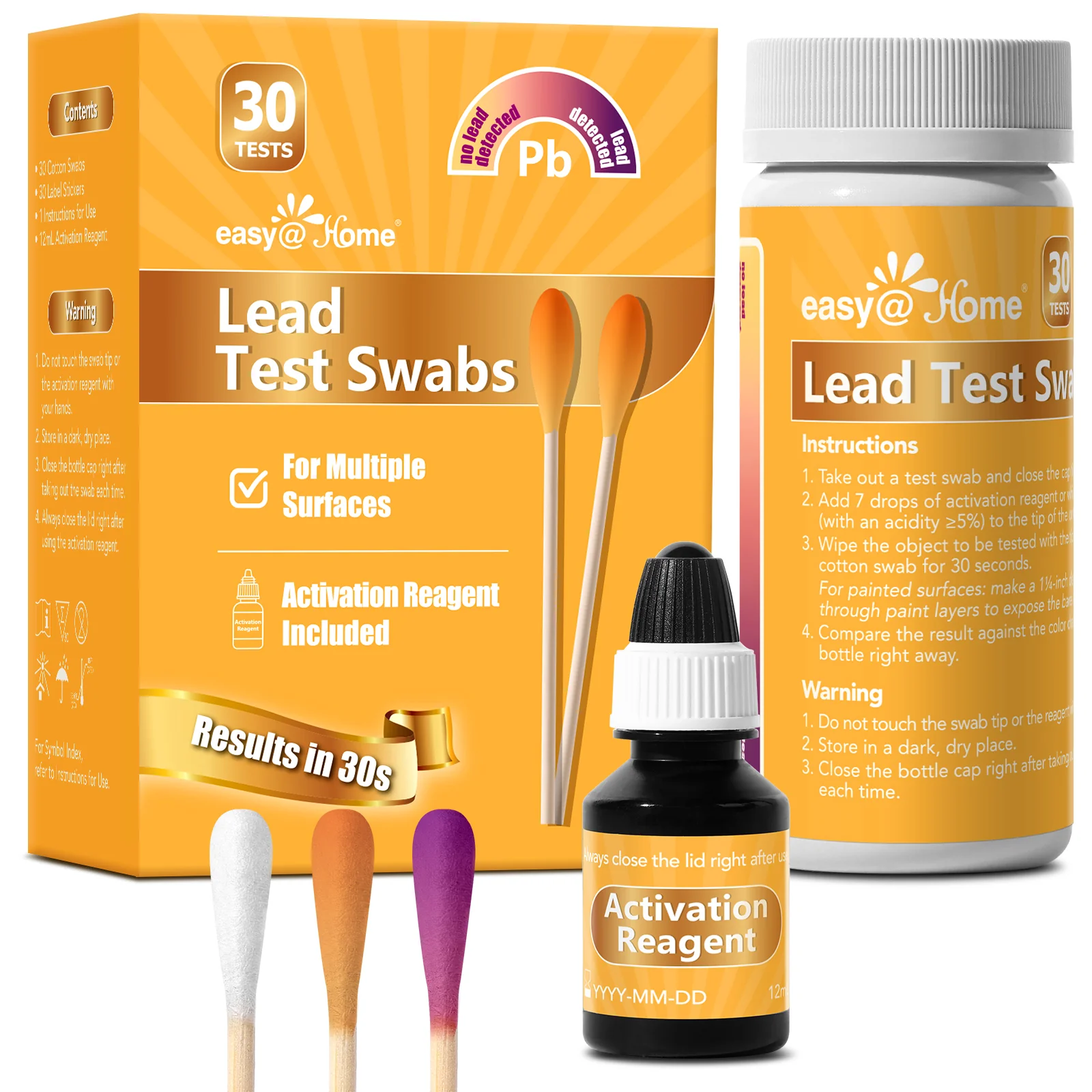 Easy@Home Lead Test Kit with Vinegar – 30 Rapid Testing Swabs with 30‑Second Colour‑Change Results. at Home Lead Test Kits Use for Paint, Toys, Dishes, Metals, Ceramic, Wood #EZLT-S:30(REAGENT-12ML)