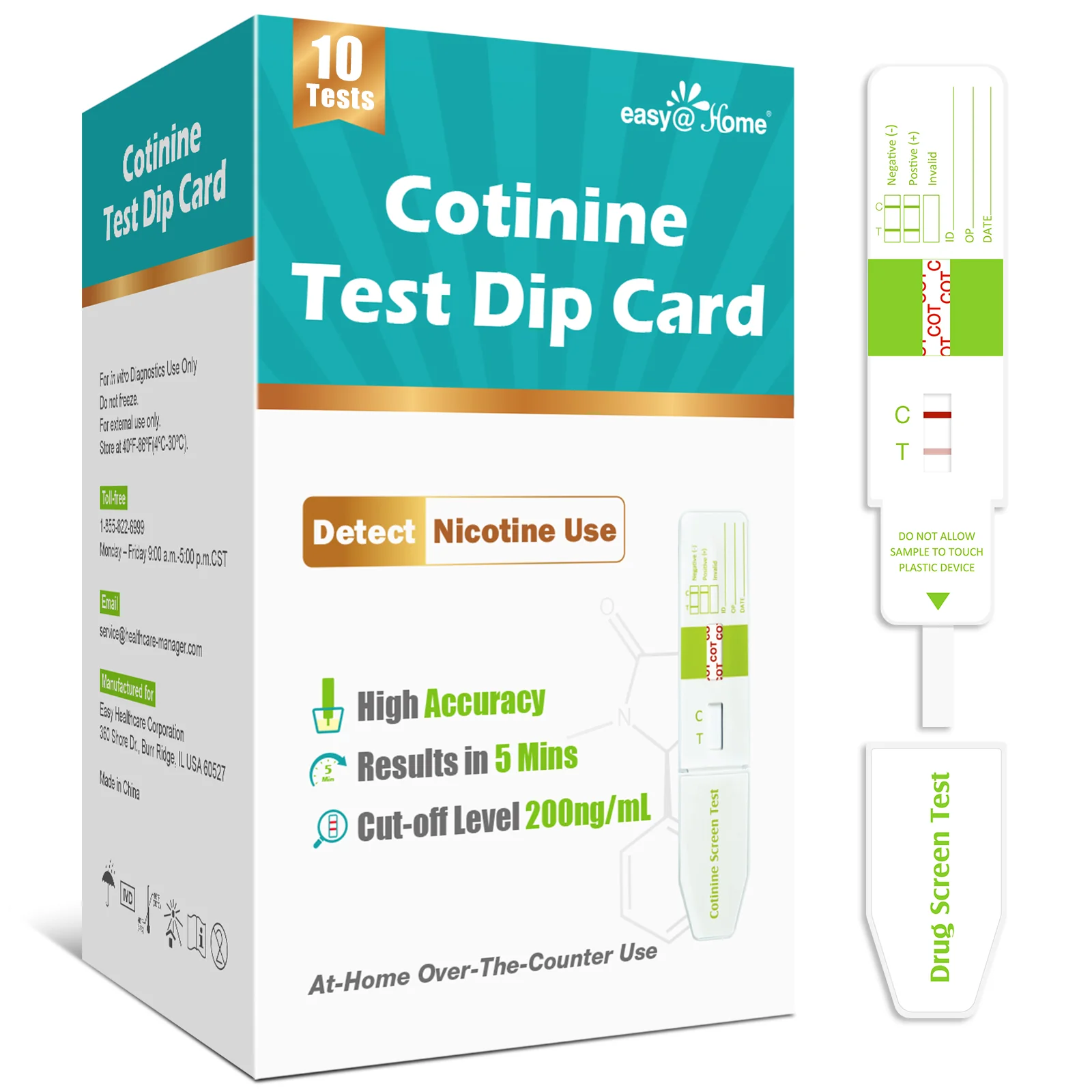 Easy@Home Nicotine Test Strips: Cotinine Urine Dip Testing Kit Card 10 Pack Highly Sensitive Detection Results in 5 Min - 200ng/mL Cutoff Level #ECOT-115 - Image 8
