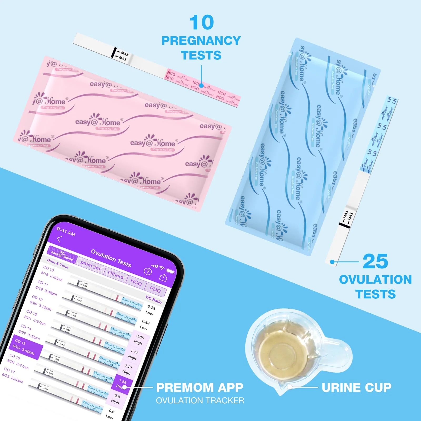 Easy@Home Ovulation & Pregnancy Test Strips Kit: 25 Ovulation Tests 10 Pregnancy Tests & 35 Large Urine Cups - Powered by Premom Ovulation APP | 25LH + 10HCG + 35 Urine Cups - Image 4