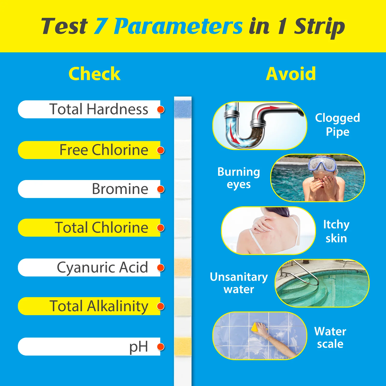 Easy@Home Pool Test Strips: 7-Way Spa Hot Tub Water Kit Instant Testing Ph Hardness Free Chlorine Bromine Cyanuric Acid Alkalinity, 100 Tests, 50 Strips Bottle/Refill -#EZWQ-S:100P - Image 3