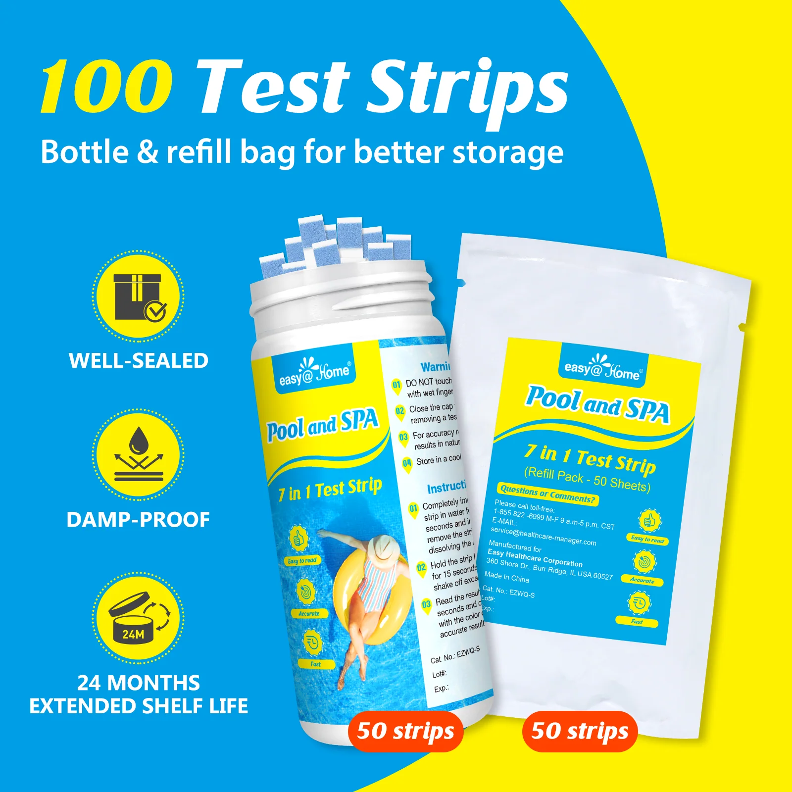 Easy@Home Pool Test Strips: 7-Way Spa Hot Tub Water Kit Instant Testing Ph Hardness Free Chlorine Bromine Cyanuric Acid Alkalinity, 100 Tests, 50 Strips Bottle/Refill -#EZWQ-S:100P - Image 5