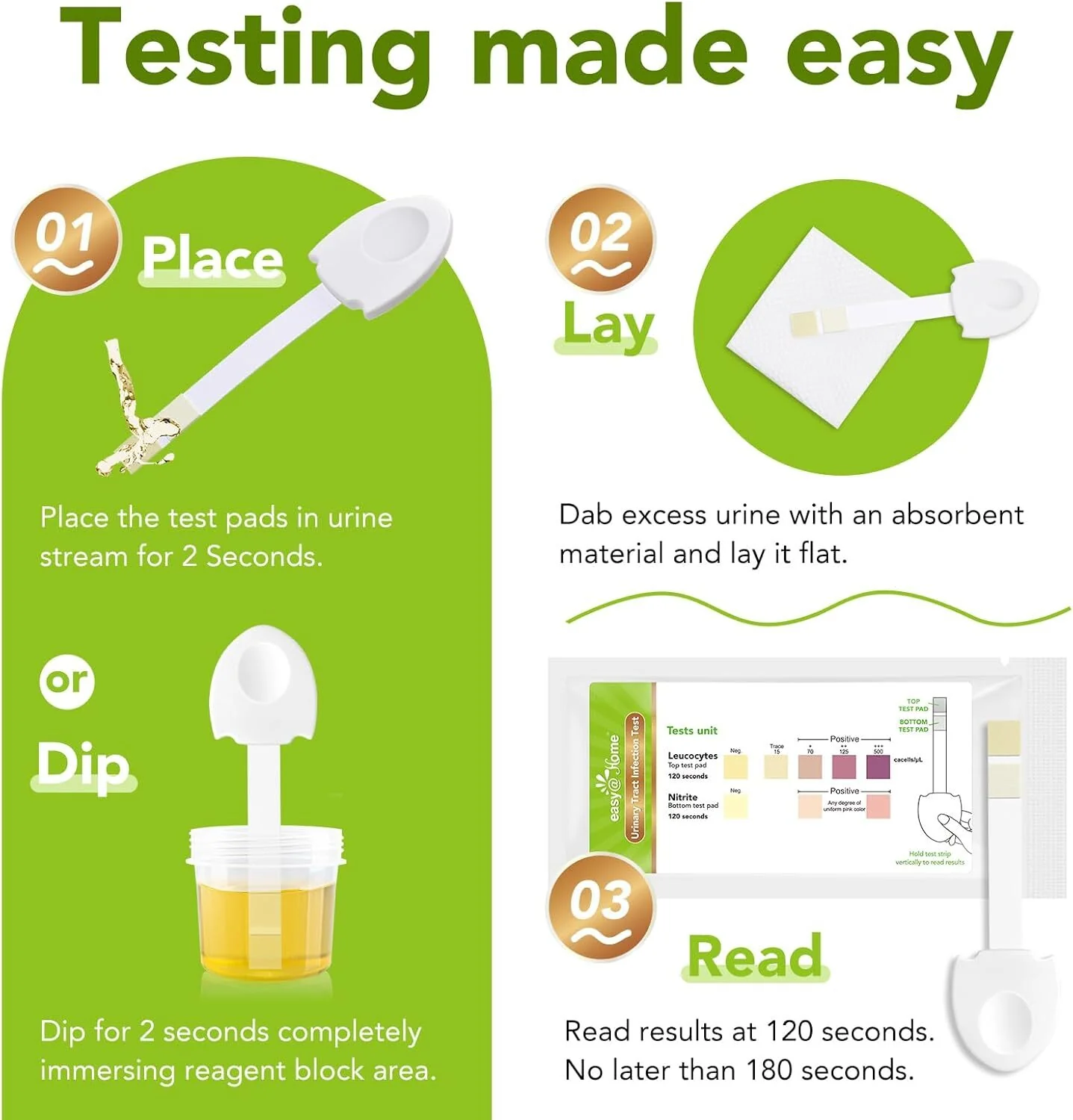 Easy@Home UTI Test Strips Urinary - Urine Tract Infection Testing Kit for Women Detect Leukocytes and Nitrites Tailored Handle Design Over The Counter (OTC) USE (3 Pack) UTI-EZU-102:3 - Image 3
