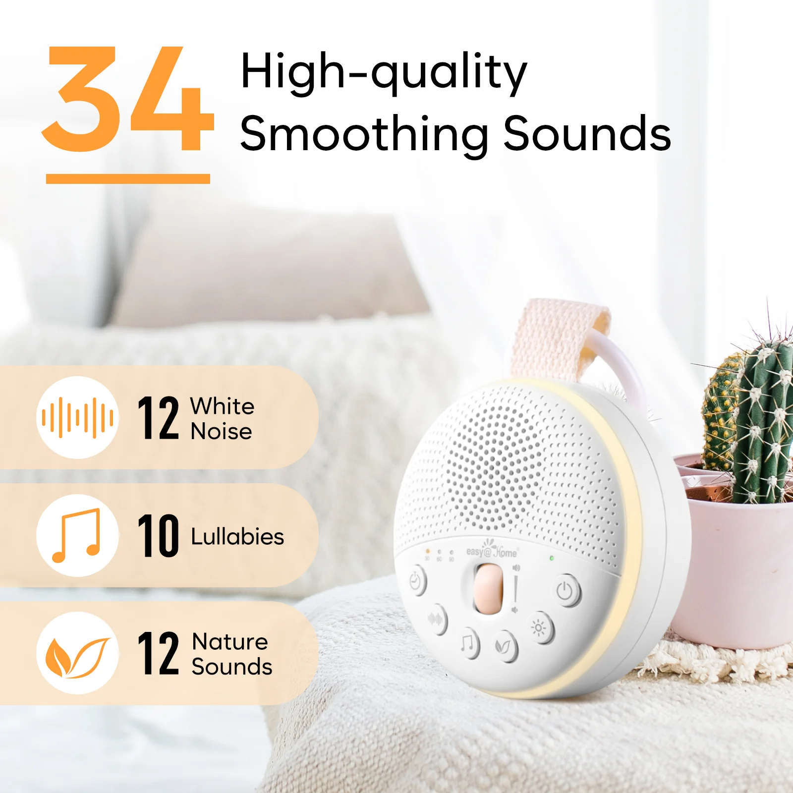 Easy@Home White Noise Machine: Portable Baby Sound Machine 34 Soothing Lullabies & Nature Sounds | 3 Timer Set | Night Light | Baby Essentials for Newborn | High Exact Roller Volume Control & USB - Image 2