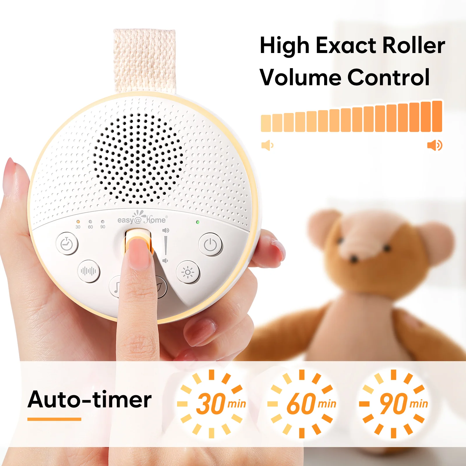 Easy@Home White Noise Machine: Portable Baby Sound Machine 34 Soothing Lullabies & Nature Sounds | 3 Timer Set | Night Light | Baby Essentials for Newborn | High Exact Roller Volume Control & USB - Image 4