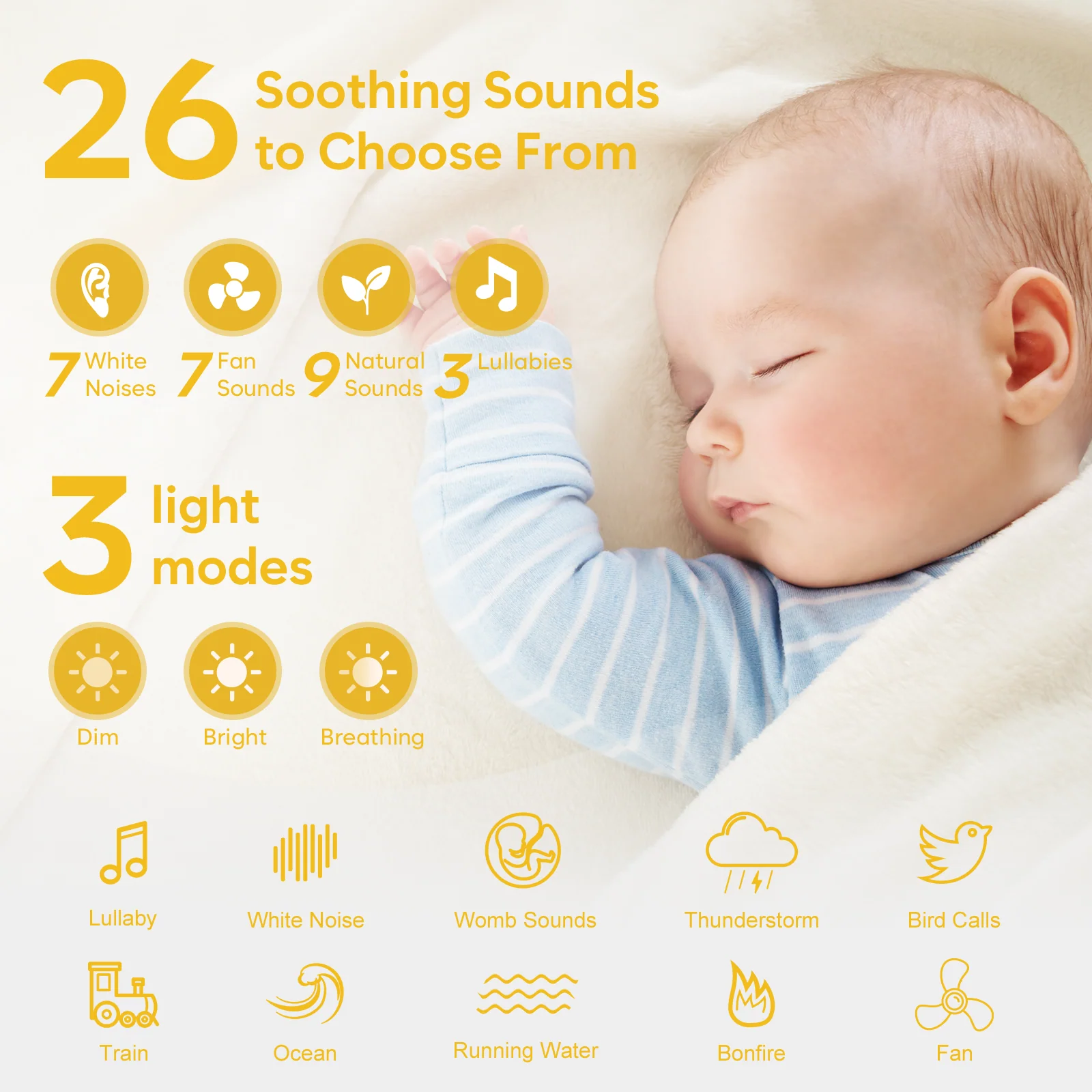 Easy@Home White Noise Machine: Portable Sleep Aid Babies with White Noise | Night Light | 26 Soothing Lullabies & Nature Sounds | 3 Timer Settings | 7 Colourful Lighting & USB - Image 2