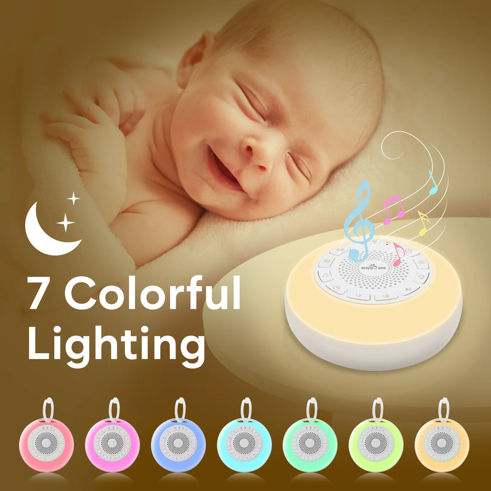 Easy@Home White Noise Machine: Portable Sleep Aid Babies with White Noise | Night Light | 26 Soothing Lullabies & Nature Sounds | 3 Timer Settings | 7 Colourful Lighting & USB - Image 3