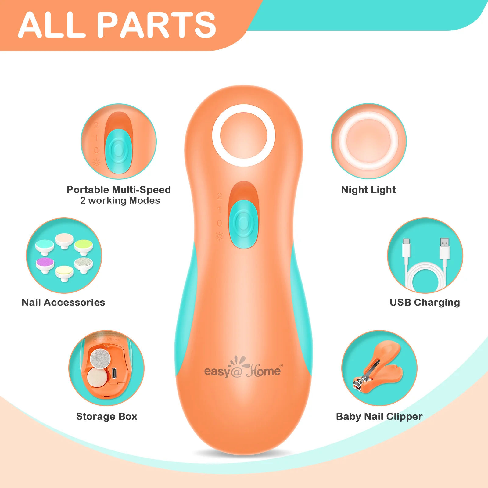 Electric Baby Nail File Trimmer: Easy@Home Safe Nail Clippers Kit - Baby Nail Clippers with 6 Grinding Heads and LED Light for Newborn Toddler Kids or Adults | Fingernails Care Trim ENT019 - Image 2
