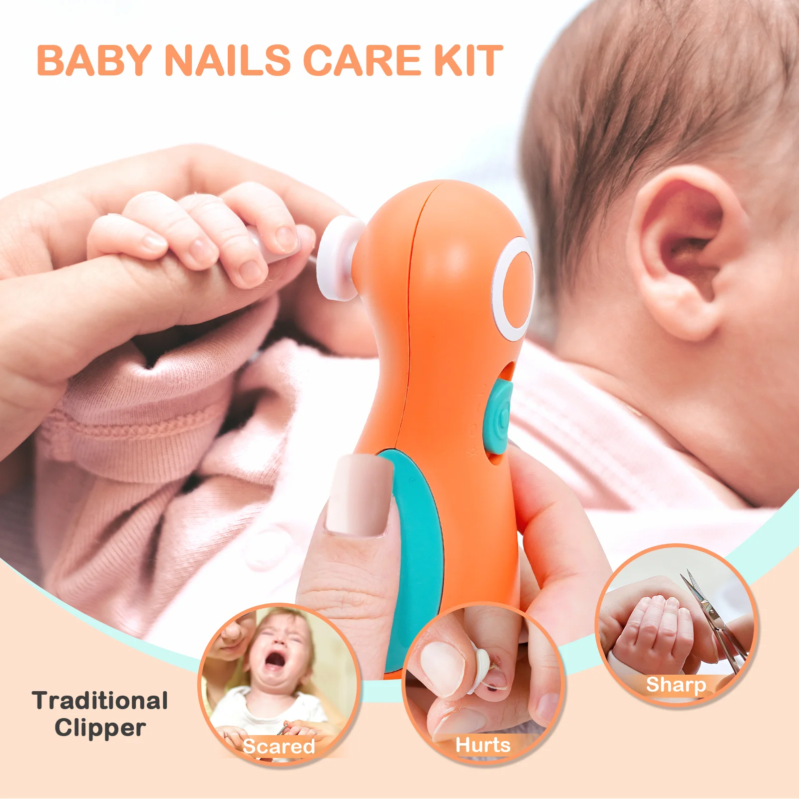 Electric Baby Nail File Trimmer: Easy@Home Safe Nail Clippers Kit - Baby Nail Clippers with 6 Grinding Heads and LED Light for Newborn Toddler Kids or Adults | Fingernails Care Trim ENT019 - Image 5