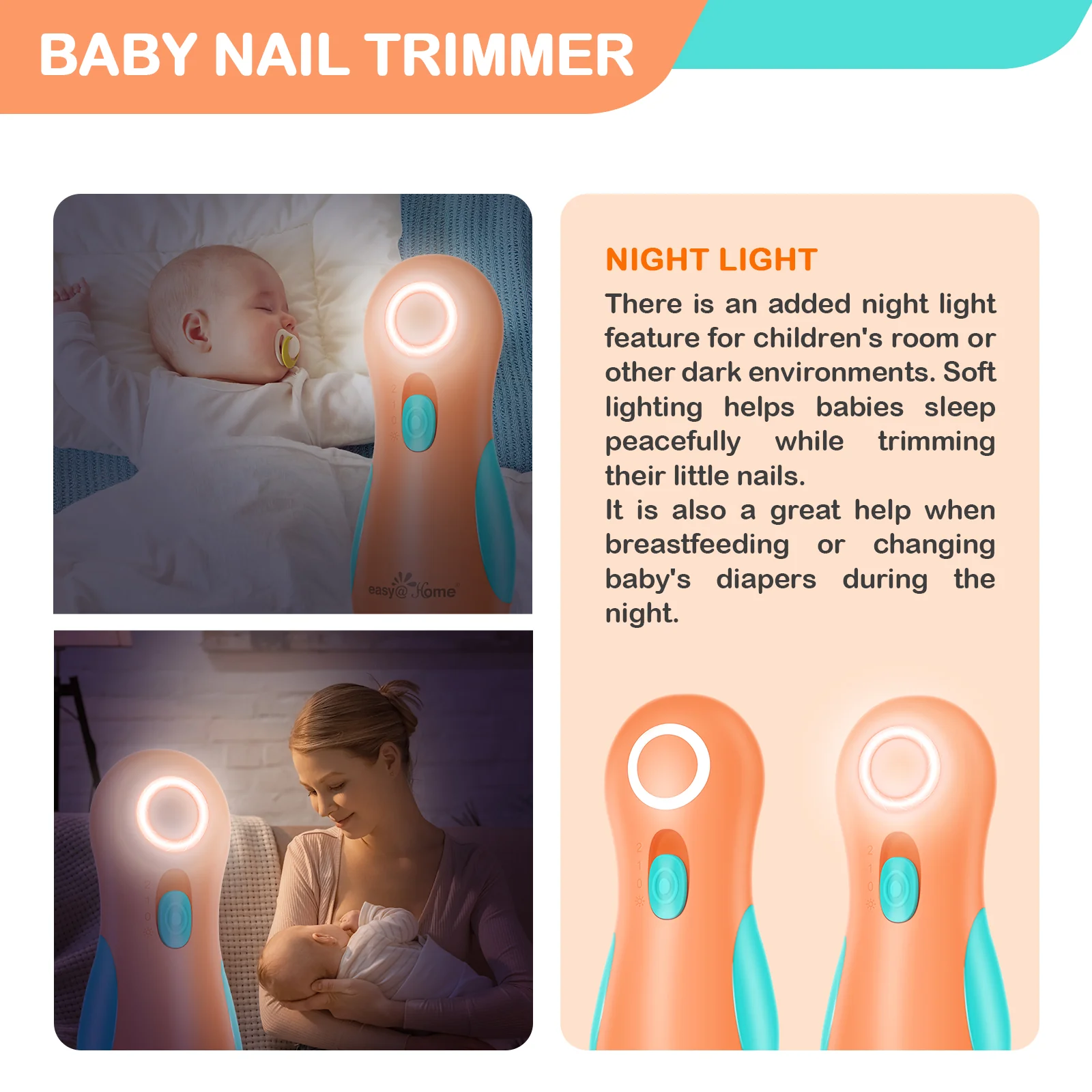 Electric Baby Nail File Trimmer: Easy@Home Safe Nail Clippers Kit - Baby Nail Clippers with 6 Grinding Heads and LED Light for Newborn Toddler Kids or Adults | Fingernails Care Trim ENT019 - Image 6