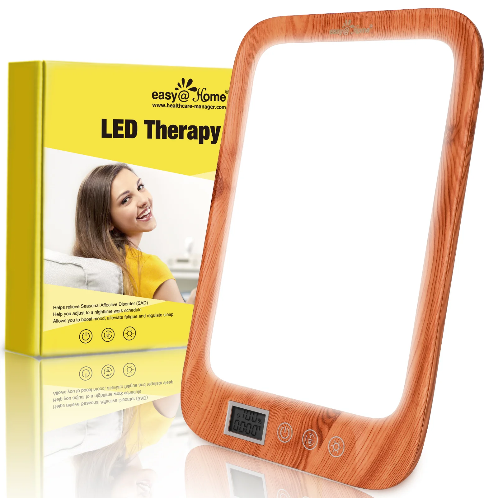 Light Therapy Lamp UV-Free 10000 Lux: Easy@Home Wood Light Therapy Energy Lamp | Sun Lamp with 3 Color Adjustable Brightness Levels Timer Memory Function | ELT-492-WG (Wood)