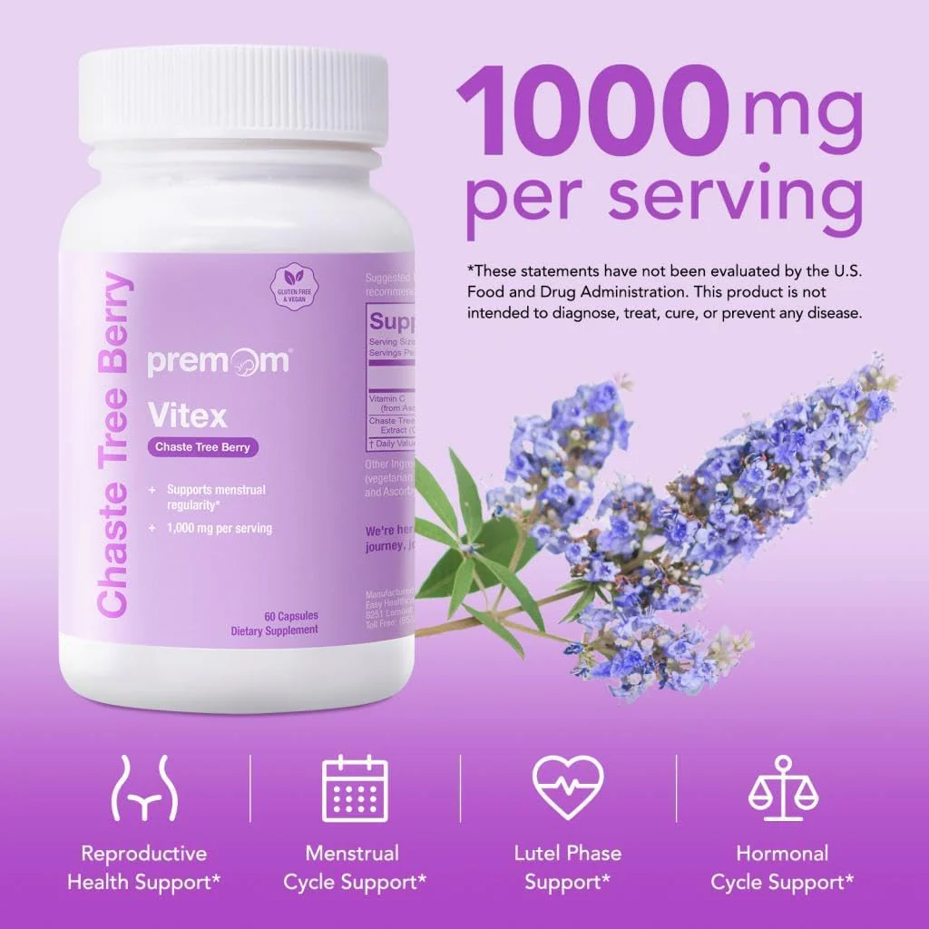 Premom Vitex, 1,000mg Per Serving, Vitex Chasteberry Supplement for Women, 2-in-1 with Fat Soluble Vitamin C, Hormone Balance, Fertility, Menstrual Cycle, & PMS Support*, Vegan, 60 Veggie Capsules - Image 2