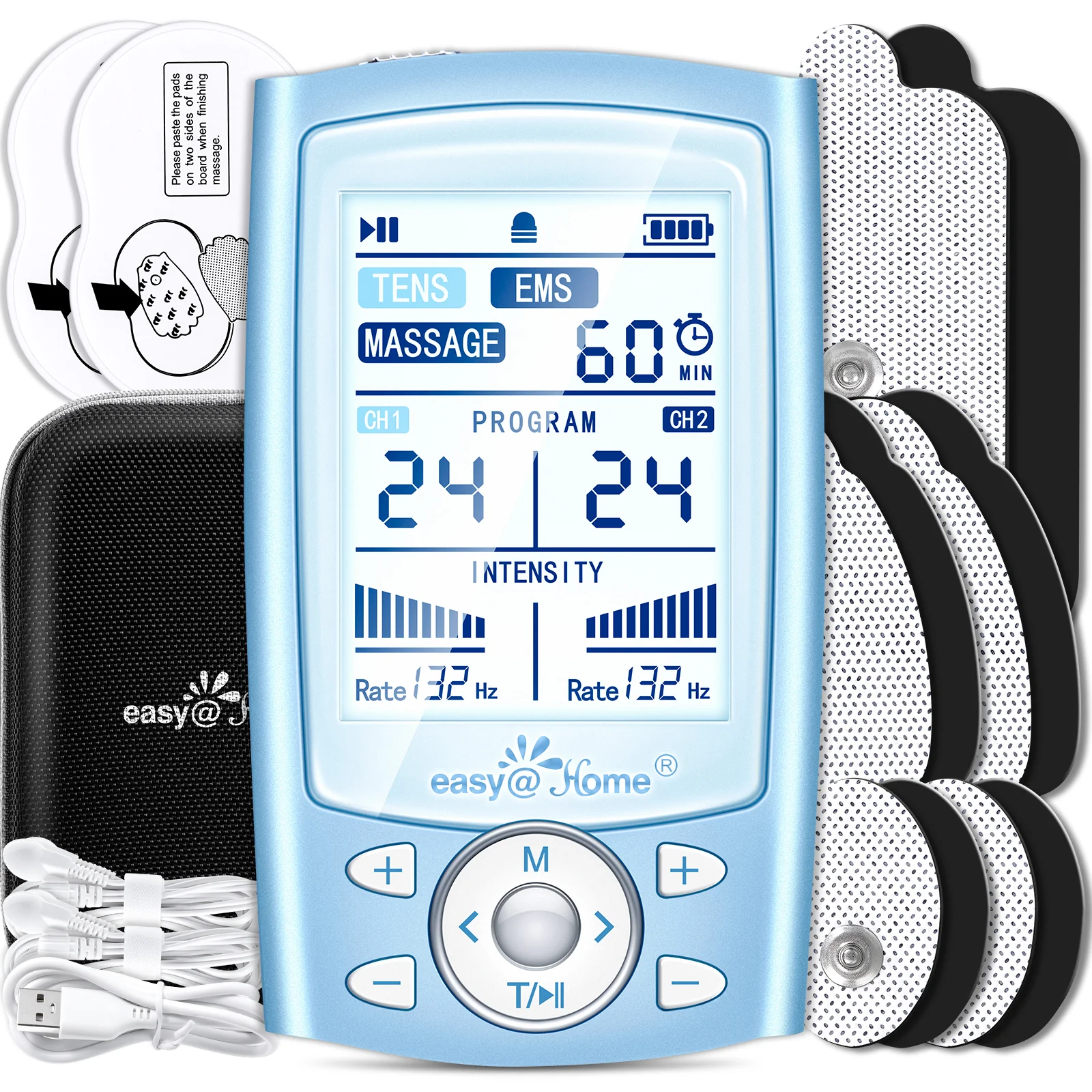 TENS Unit Muscle Stimulator Machine: Easy@Home Electric EMS Massager - Rechargeable Electronic Pulse Massager for Pain Relief Therapy - Dual Channel 24 Modes 10 Pads EHE080