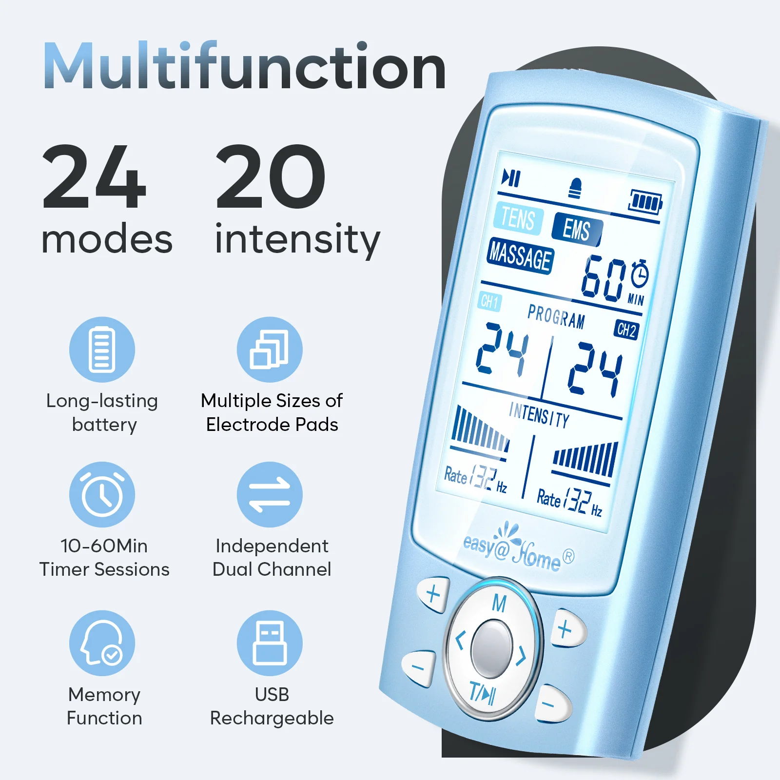 TENS Unit Muscle Stimulator Machine: Easy@Home Electric EMS Massager - Rechargeable Electronic Pulse Massager for Pain Relief Therapy - Dual Channel 24 Modes 10 Pads EHE080 - Image 3