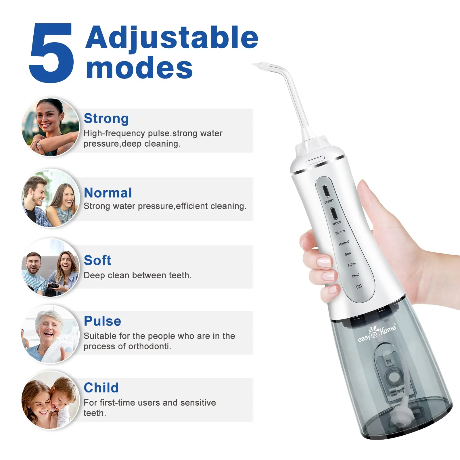 Water Dental Flosser Cordless for Teeth: Cordless Portable Easy@Home Oral Irrigator Cleaning 350ml with 5 Mode | 6 Jet Tips | Rechargeable IPX7 | Powerful Battery Life for Home Travel | EWF003 - Image 4