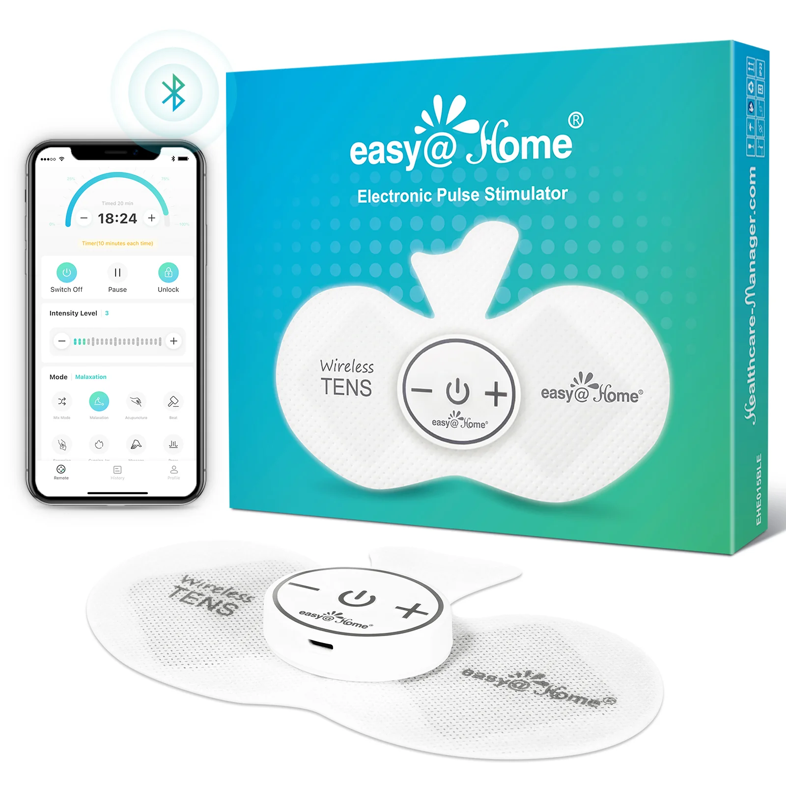 Wireless TENS Unit Muscle Stimulator: Easy@Home Back Pain Relief Leg Tens Machine Massager | Powered by MyPainOff App iOS & Android App | Electronic Pain Therapy Management EHE015BLE